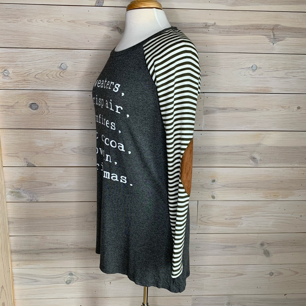 SEE NEW Long Sleeve Christmas Top with Striped Sleeves Suede Elbow Patch - Picture 4 of 6